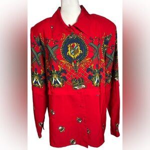 Vintage Jordan L Red Royal Print Long Sleeve Blouse